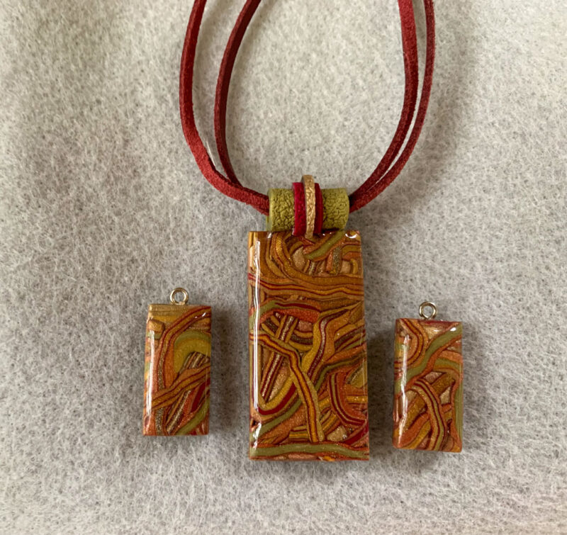 Unique jewelry featuring Maroon, Taupe, Mustard, and Olive Green pendant and Earring set