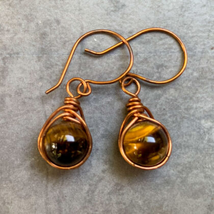 photo of copper wrapped tiger's eye earrings